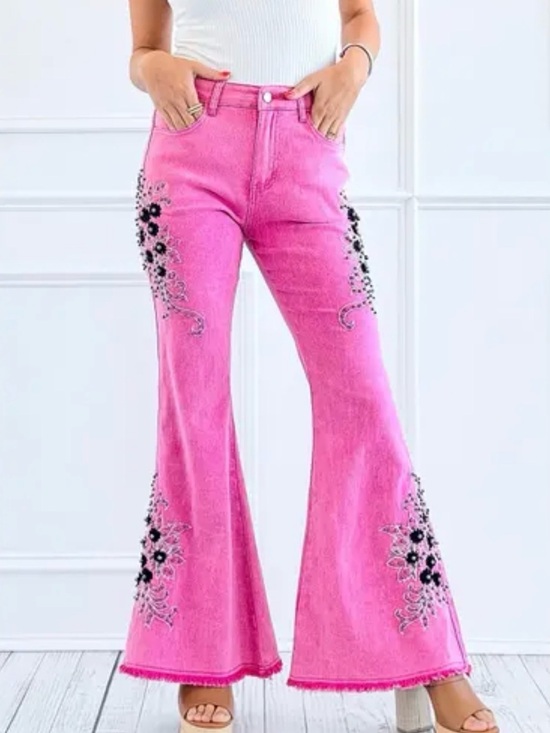POL Denim - POL Pink Embroidered Flare Jeans